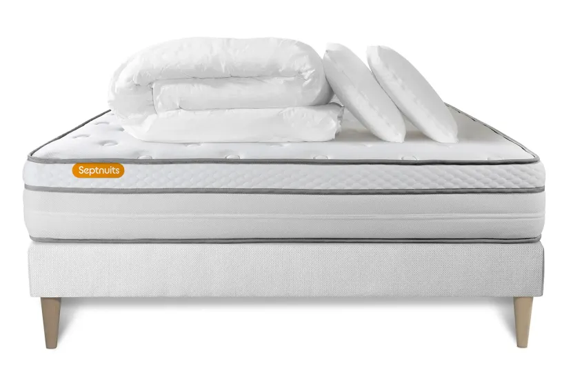 Pack lit complet 160x200 cm - Matelas + Sommier Blanc (en kit) + 2 oreillers + Couette - Memo Luxe