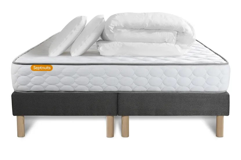 Pack lit complet 160x200 cm - Matelas + 2 Sommiers Gris + 2 oreillers + Couette - Memo