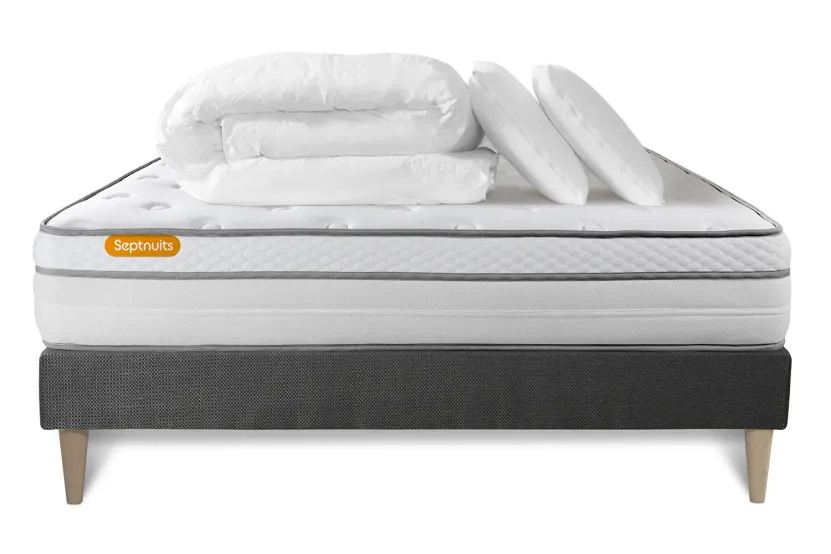 Pack lit complet 140x200 cm - Matelas + Sommier Gris (en kit) + 2 oreillers + Couette - Memo Luxe