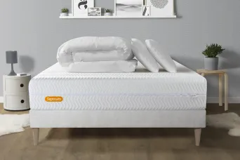 Pack lit complet 180x200 cm - Matelas + Sommier Blanc (en kit) + 2 oreillers + Couette - Memo Bio