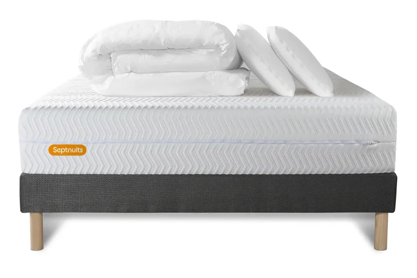 Pack lit complet 140x190 cm - Matelas + Sommier Gris + 2 oreillers + Couette - Memo Bio