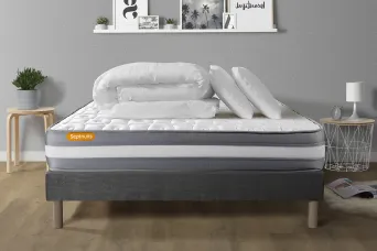 Pack lit complet 140x200 cm - Matelas + Sommier Gris + 2 oreillers + Couette - Memo Plus