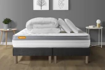 Pack lit complet 200x200 cm - Matelas + 2 Sommiers Gris + 2 oreillers + Couette - Memo Zen