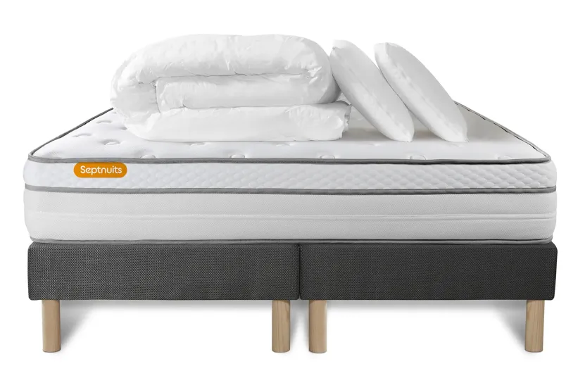 Pack lit complet 200x200 cm - Matelas + 2 Sommiers Gris + 2 oreillers + Couette - Memo Luxe