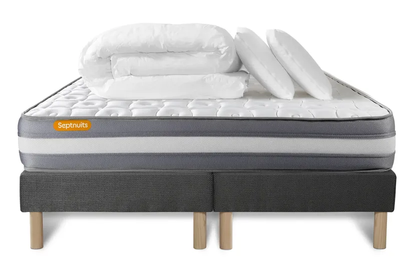 Pack lit complet 180x200 cm - Matelas + 2 Sommiers Gris + 2 oreillers + Couette - Memo Plus