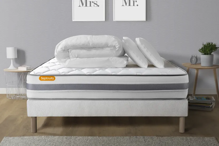 Pack lit complet 140x190 cm - Matelas + Sommier Blanc + 2 oreillers + Couette - Memo Spring