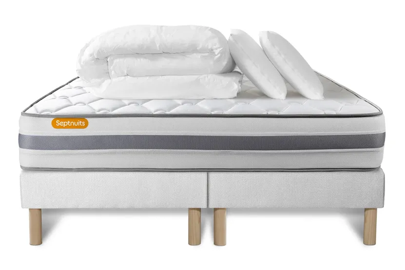 Pack lit complet 200x200 cm - Matelas + 2 Sommiers Blancs + 2 oreillers + Couette - Memo Spring