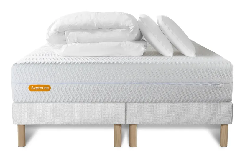 Pack lit complet 200x200 cm - Matelas + 2 Sommiers Blancs + 2 oreillers + Couette - Memo Bio