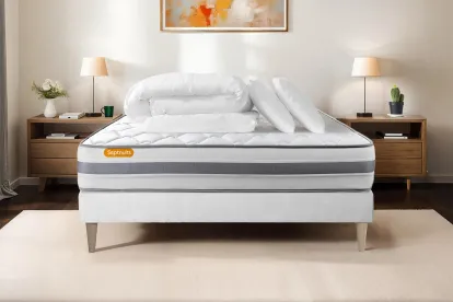 Pack lit complet 140x200 cm - Matelas + Sommier Blanc + 2 oreillers + Couette - Memo Spring