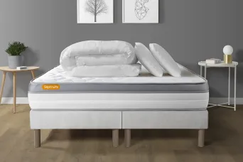 Pack lit complet 200x200 cm - Matelas + 2 Sommiers Blancs + 2 oreillers + Couette - Memo Zen