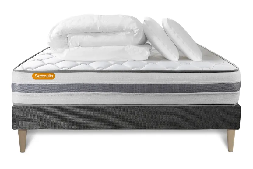 Pack lit complet 200x200 cm - Matelas + Sommier Gris (en kit) + 2 oreillers + Couette - Memo Spring