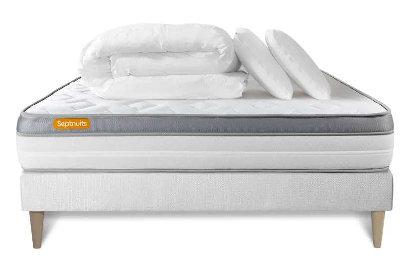 Pack lit complet 180x200 cm - Matelas + Sommier Blanc (en kit) + 2 oreillers + Couette - Memo Zen