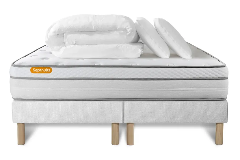 Pack lit complet 160x200 cm - Matelas + 2 Sommiers Blancs + 2 oreillers + Couette - Memo Luxe