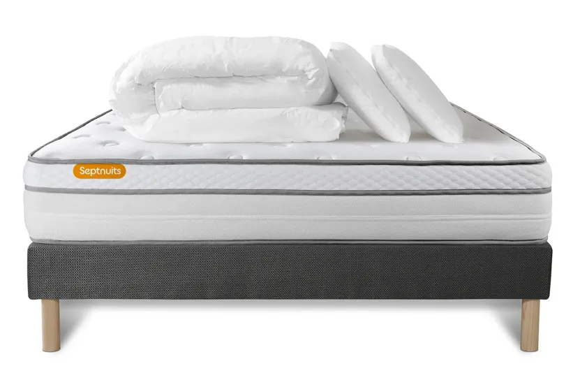 Pack lit complet 140x190 cm - Matelas + Sommier Gris + 2 oreillers + Couette - Memo Luxe