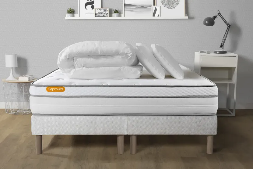 Pack lit complet 180x200 cm - Matelas + 2 Sommiers Blancs + 2 oreillers + Couette - Memo Luxe