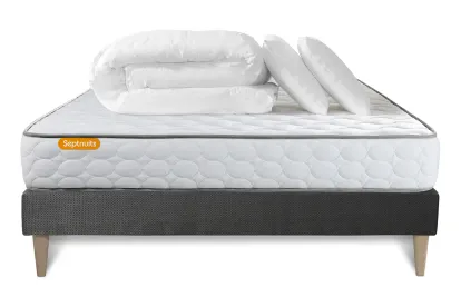 Pack lit complet 140x200 cm - Matelas + Sommier Gris (en kit) + 2 oreillers + Couette - Memo