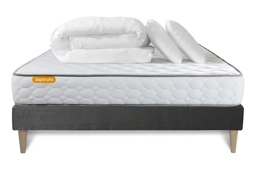 Pack lit complet 140x190 cm - Matelas + Sommier Gris (en kit) + 2 oreillers + Couette - Memo