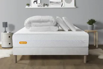 Pack lit complet 160x200 cm - Matelas + Sommier Blanc + 2 oreillers + Couette - Memo Bio