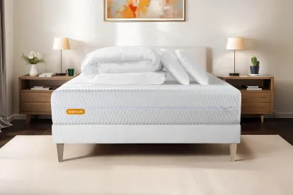 Pack lit complet 140x200 cm - Matelas + Sommier Blanc + 2 oreillers + Couette - Memo Bio