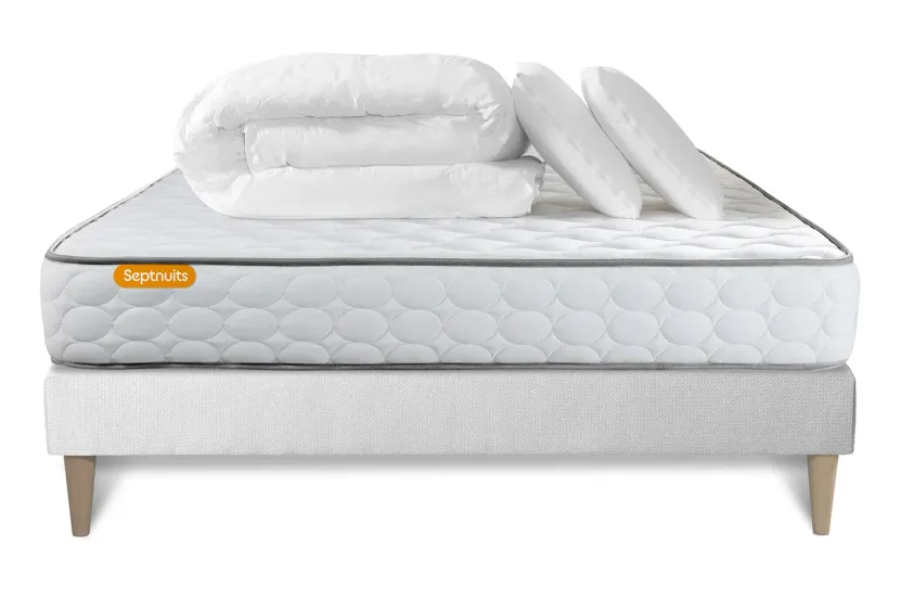 Pack lit complet 160x200 cm - Matelas + Sommier Blanc (en kit) + 2 oreillers + Couette - Memo