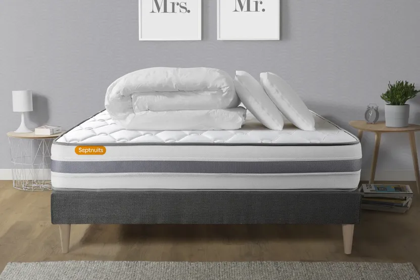 Pack lit complet 140x200 cm - Matelas + Sommier Gris (en kit) + 2 oreillers + Couette - Memo Spring