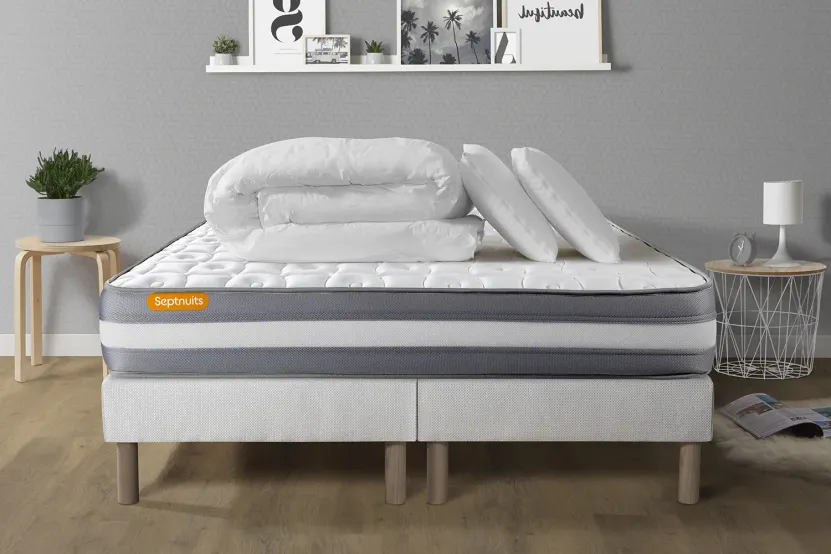 Pack lit complet 200x200 cm - Matelas + 2 Sommiers Blancs + 2 oreillers + Couette - Memo Plus