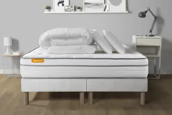 Pack lit complet 160x200 cm - Matelas + 2 Sommiers Blancs + 2 oreillers + Couette - Memo Luxe