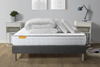 Pack lit complet 140x200 cm - Matelas + Sommier Gris + 2 oreillers + Couette - Memo