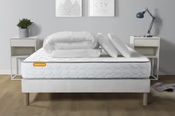 Pack lit complet 140x200 cm - Matelas + Sommier Blanc + 2 oreillers + Couette - Memo