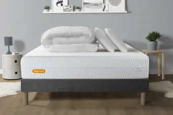 Pack lit complet 140x190 cm - Matelas + Sommier Gris + 2 oreillers + Couette - Memo Bio