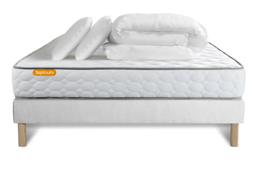 Pack lit complet 160x200 cm - Matelas + Sommier Blanc + 2 oreillers + Couette - Memo