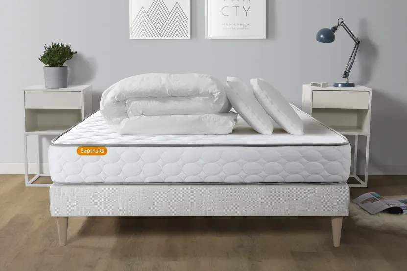 Pack lit complet 160x200 cm - Matelas + Sommier Blanc (en kit) + 2 oreillers + Couette - Memo