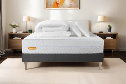 Pack lit complet 160x200 cm - Matelas + Sommier Gris (en kit) + 2 oreillers + Couette - Memo Bio