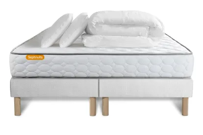 Pack lit complet 160x200 cm - Matelas + 2 Sommiers Blancs + 2 oreillers + Couette - Memo