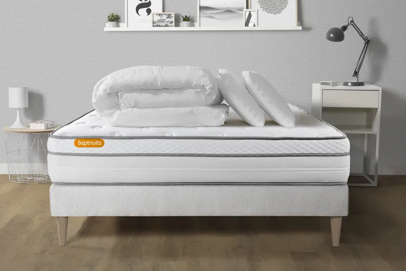 Pack lit complet 160x200 cm - Matelas + Sommier Blanc (en kit) + 2 oreillers + Couette - Memo Luxe