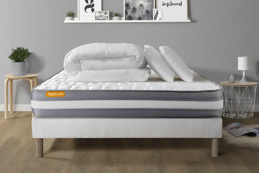 Pack lit complet 140x200 cm - Matelas + Sommier Blanc + 2 oreillers + Couette - Memo Plus