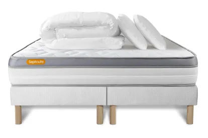 Pack lit complet 160x200 cm - Matelas + 2 Sommiers Blancs + 2 oreillers + Couette - Memo Zen