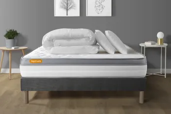 Pack lit complet 140x190 cm - Matelas + Sommier Gris + 2 oreillers + Couette - Memo Zen