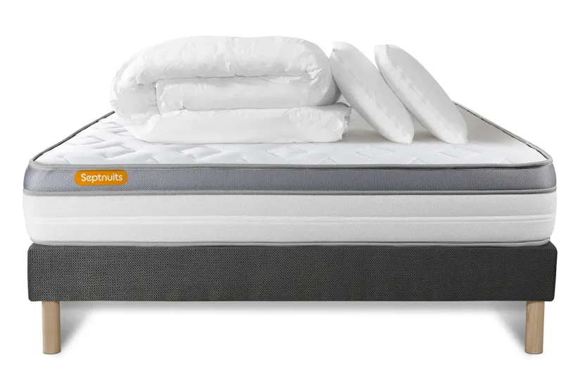 Pack lit complet 140x190 cm - Matelas + Sommier Gris + 2 oreillers + Couette - Memo Zen