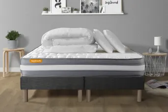 Pack lit complet 180x200 cm - Matelas + 2 Sommiers Gris + 2 oreillers + Couette - Memo Plus