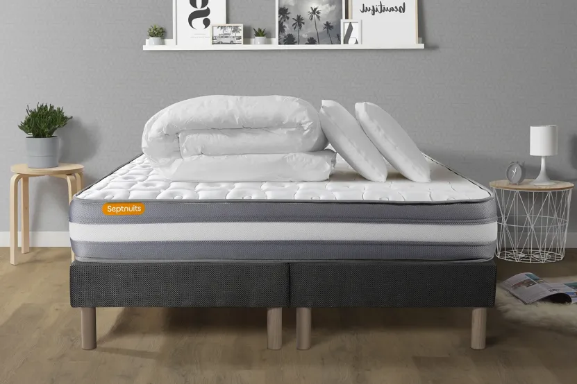 Pack lit complet 180x200 cm - Matelas + 2 Sommiers Gris + 2 oreillers + Couette - Memo Plus