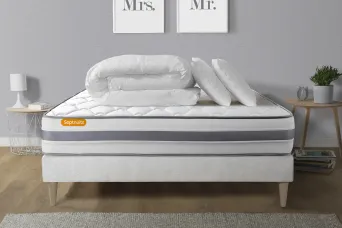 Pack lit complet 140x200 cm - Matelas + Sommier Blanc (en kit) + 2 oreillers + Couette - Memo Spring