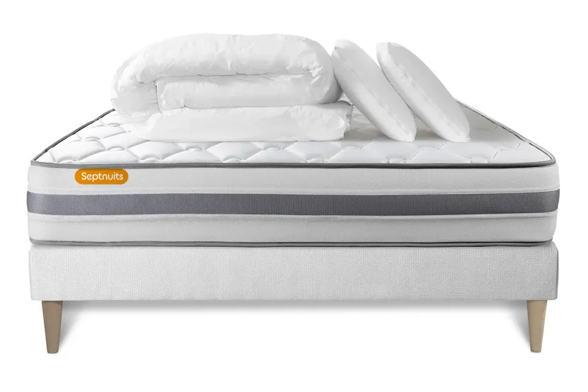 Pack lit complet 140x200 cm - Matelas + Sommier Blanc (en kit) + 2 oreillers + Couette - Memo Spring