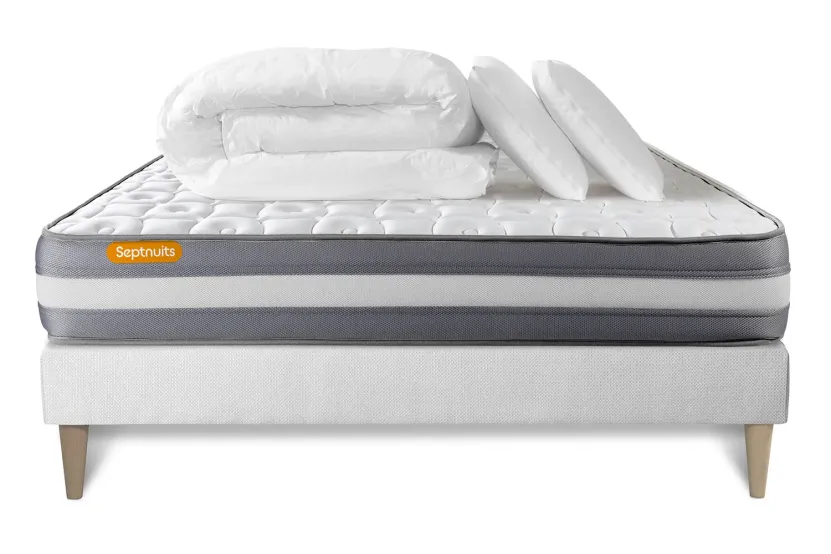 Pack lit complet 200x200 cm - Matelas + Sommier Blanc (en kit) + 2 oreillers + Couette - Memo Plus