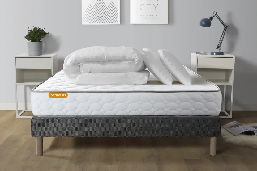 Pack lit complet 140x190 cm - Matelas + Sommier Gris + 2 oreillers + Couette - Memo