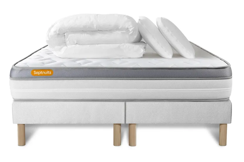 Pack lit complet 180x200 cm - Matelas + 2 Sommiers Blancs + 2 oreillers + Couette - Memo Zen