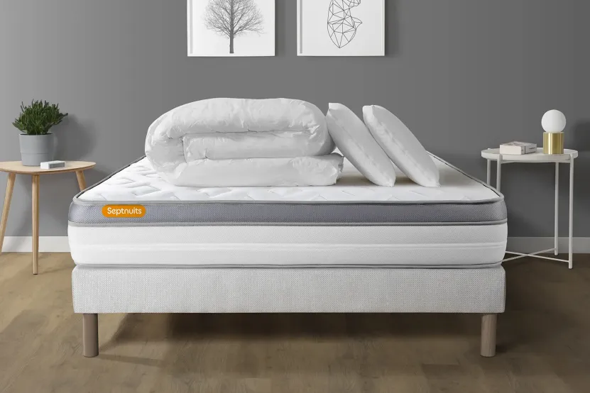 Pack lit complet 140x190 cm - Matelas + Sommier Blanc + 2 oreillers + Couette - Memo Zen