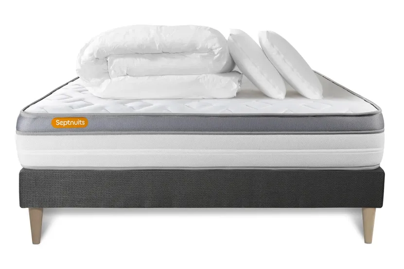 Pack lit complet 160x200 cm - Matelas + Sommier Gris (en kit) + 2 oreillers + Couette - Memo Zen