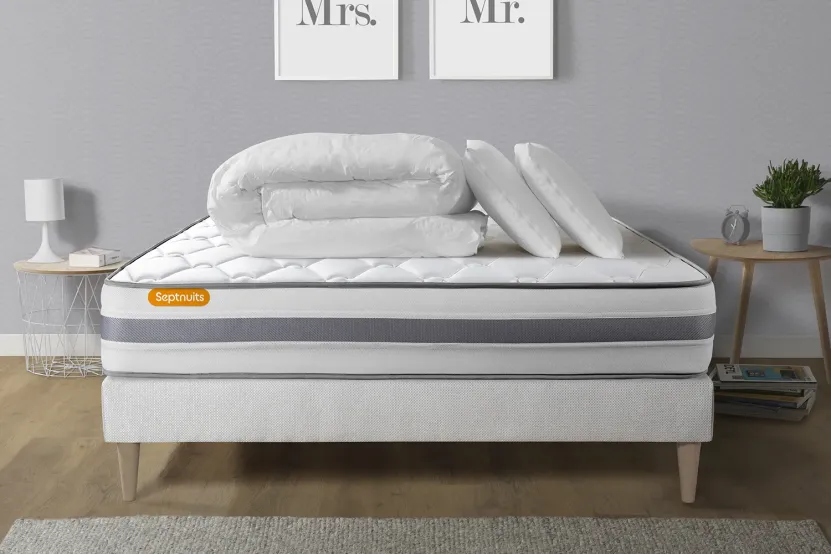 Pack lit complet 160x200 cm - Matelas + Sommier Blanc (en kit) + 2 oreillers + Couette - Memo Spring