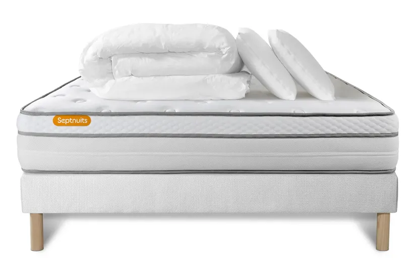 Pack lit complet 140x190 cm - Matelas + Sommier Blanc + 2 oreillers + Couette - Memo Luxe